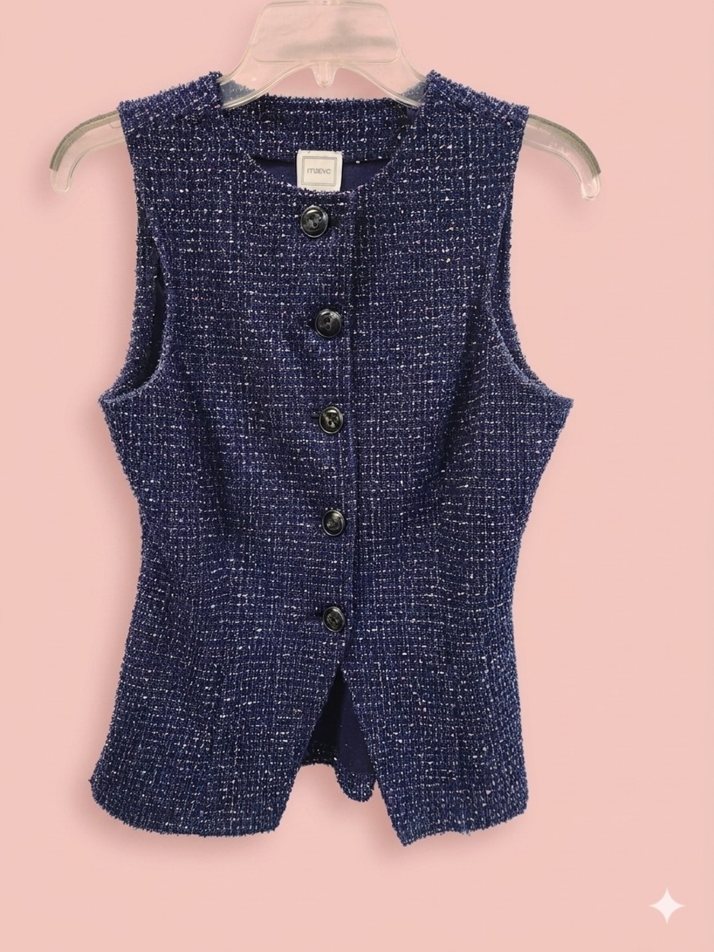Maeve Navy Tweed Button Front Sleeveless Vest